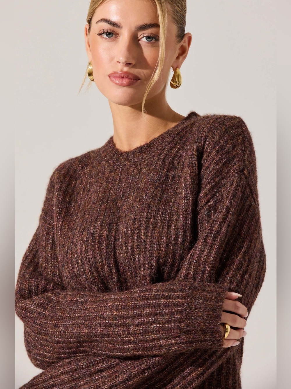 ASTR The Label Archer Crewneck Rib Knit Brown Multi Sweater L